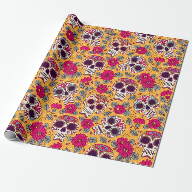Skull and Flowers. Seamless Background. Mexican da Wrapping Paper (Unrolled)