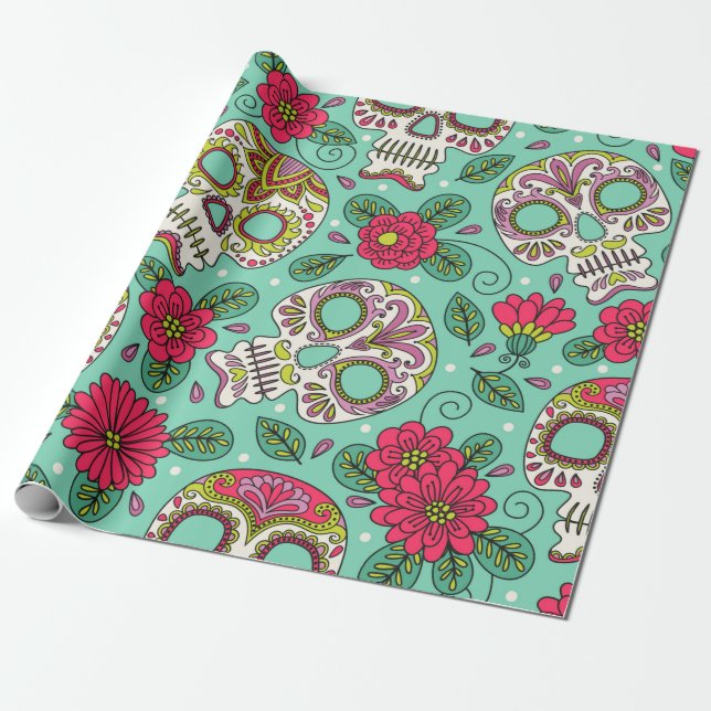 Skull and Flowers. Seamless Background. Mexican da Wrapping Paper (Unrolled)