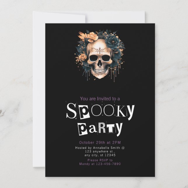 Skull and Flowers Spooky Halloween Party Invitation (Front)