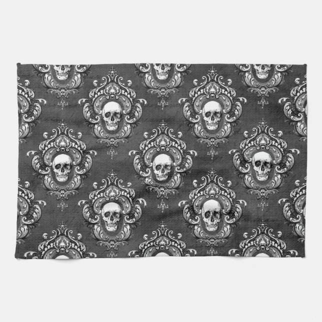 Skull and Grey Gothic Tea Towel (Horizontal)