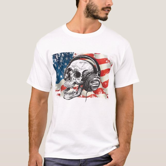 Skull and Headphones/American Flag T-Shirt (Front)