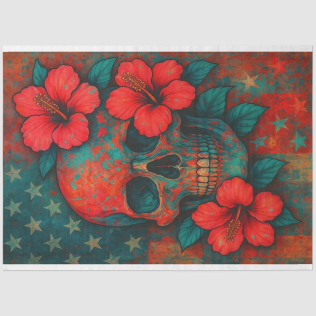 Skull and Hibiscus in Grunge Art Decoupage Paper  (Front)