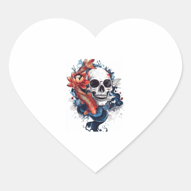 Skull and Koi Serenity Heart Sticker (Front)