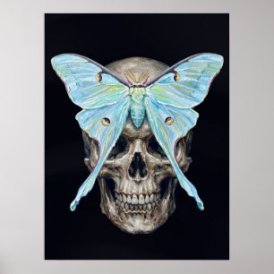 Skull and Luna Moth — Memento Mori Impasto Poster