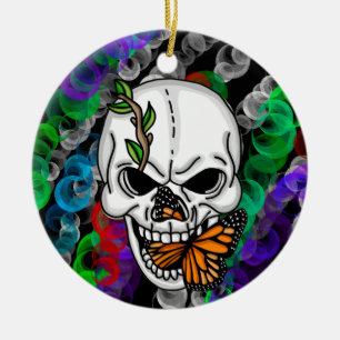 Skull and Monarch Butterfly Christmas or Halloween Ceramic Tree Decoration