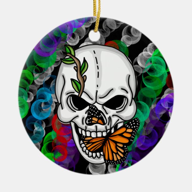 Skull and Monarch Butterfly Christmas or Halloween Ceramic Tree Decoration (Front)