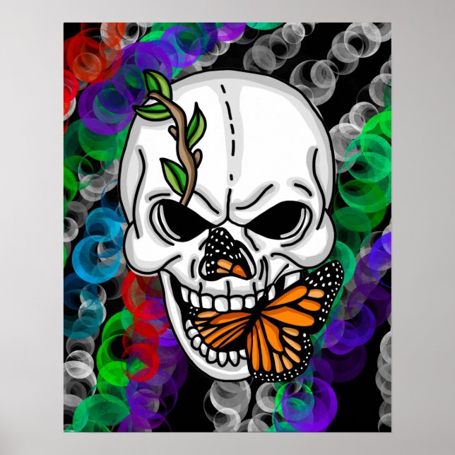 Skull and Monarch Butterfly Digital Art Poster (Front)