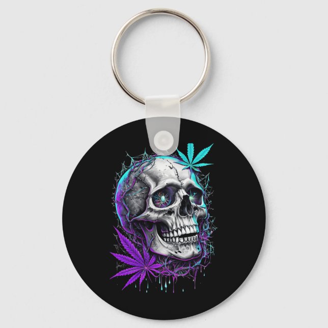 Skull And Neon Pot Leaf Sticker  Key Ring (Front)