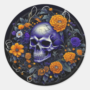 Skull and Orange Flowers AI art Classic Round Sticker