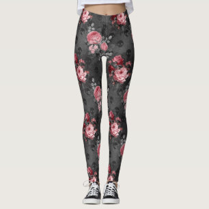 Skull and Pink Rose Garden Gothic Leggings