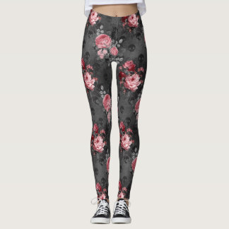 Skull and Pink Rose Garden Gothic Leggings
