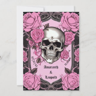 Skull And Pink Roses Traditional Gothic Wedding Invitation
