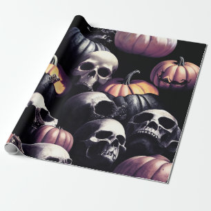 Skull and pumpkins, Halloween theme, dark colour Wrapping Paper