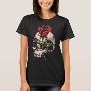 Skull And Red Rose Gothic Occult Tattoo Emo Biker T-Shirt
