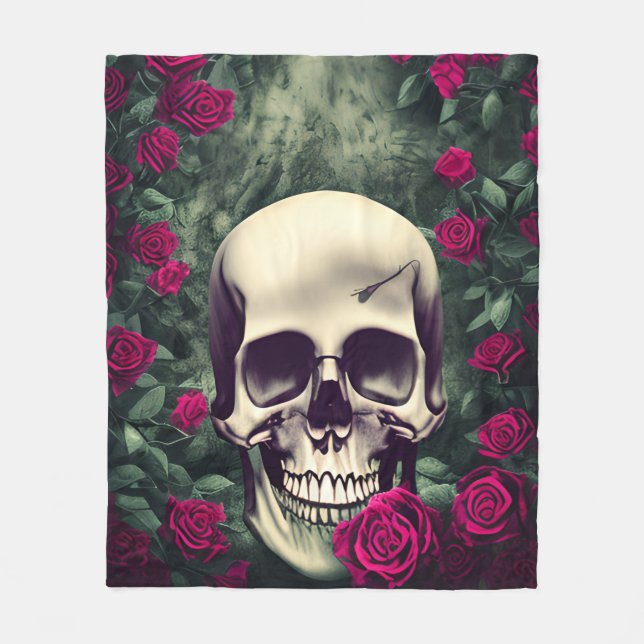 Skull And Red Roses Fleece Blanket (Front)