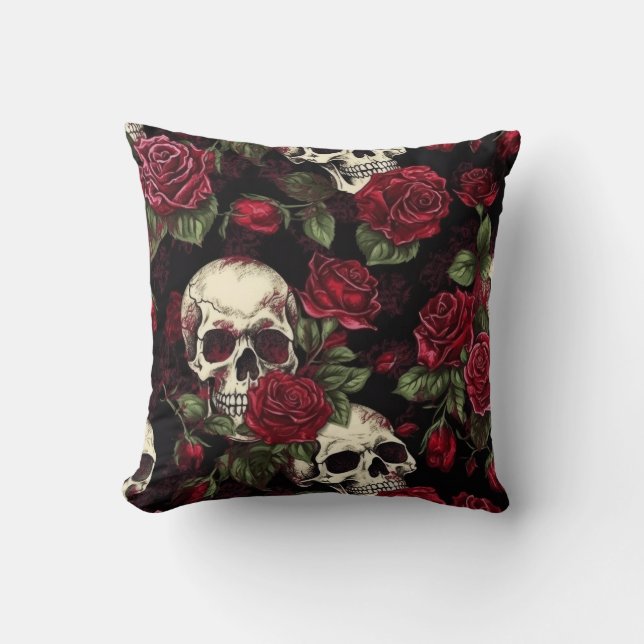 Skull And Red Roses Gothic Floral Cushion (Front)