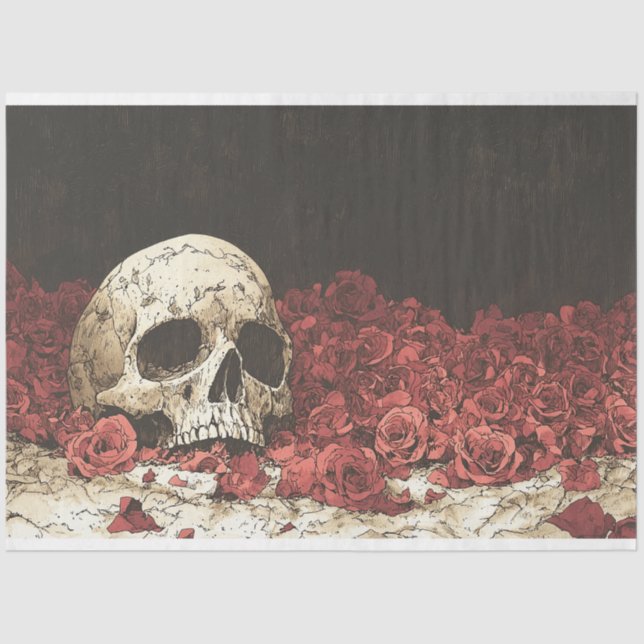 Skull and Red Roses Illustration Decoupage Tissue Paper (Front)