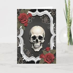 Skull and Red Roses in a White Frame Halloween Holiday Card