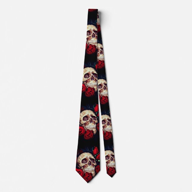 skull and red roses mens tie (Front)