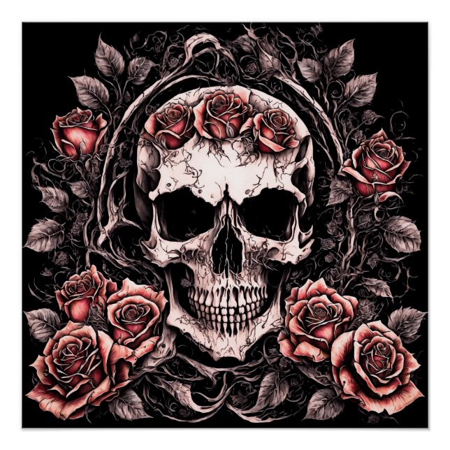 skull and roses. AI artwork Poster (Front)