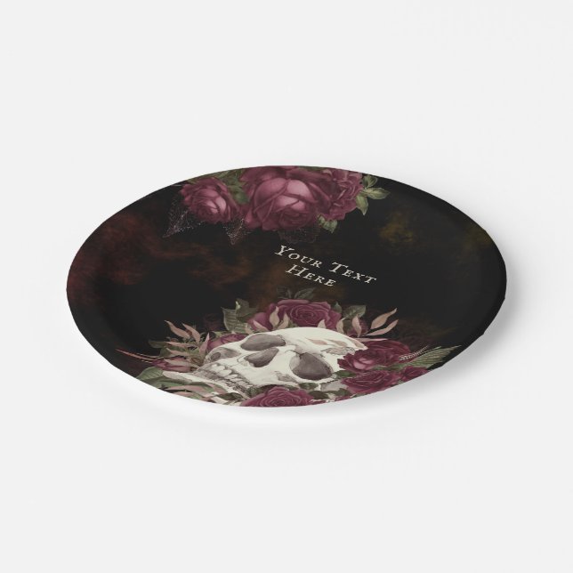 Skull and Roses Burgundy Black Grunge Personalised Paper Plate (Angled)