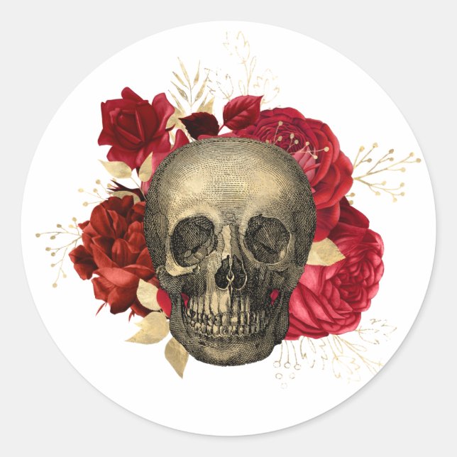 Skull and Roses Classic Round Sticker (Front)