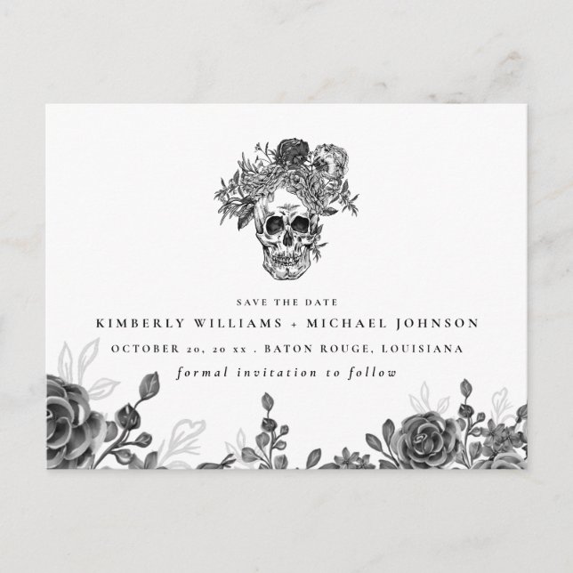 Skull and Roses Halloween Save the Date Announcement Postcard (Front)