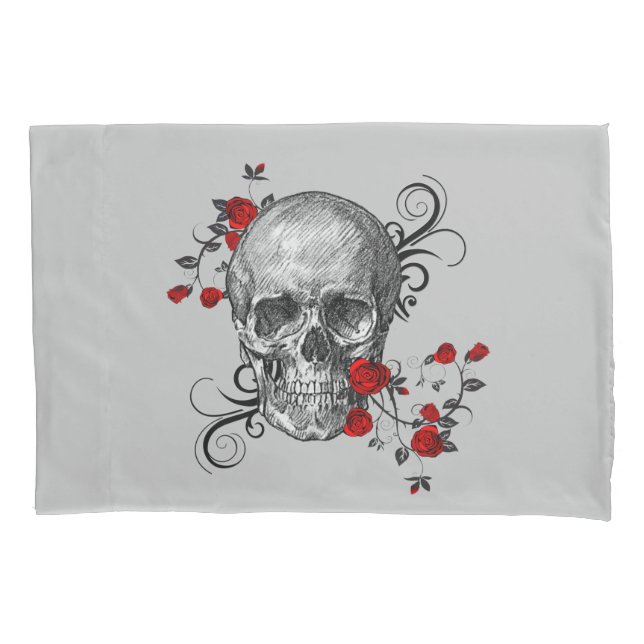 Skull And Roses Sketch Reverses to Stripes Pillowcase (Front-Left)