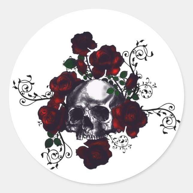 Skull and Roses Tattoo Style Goth Art Classic Round Sticker (Front)