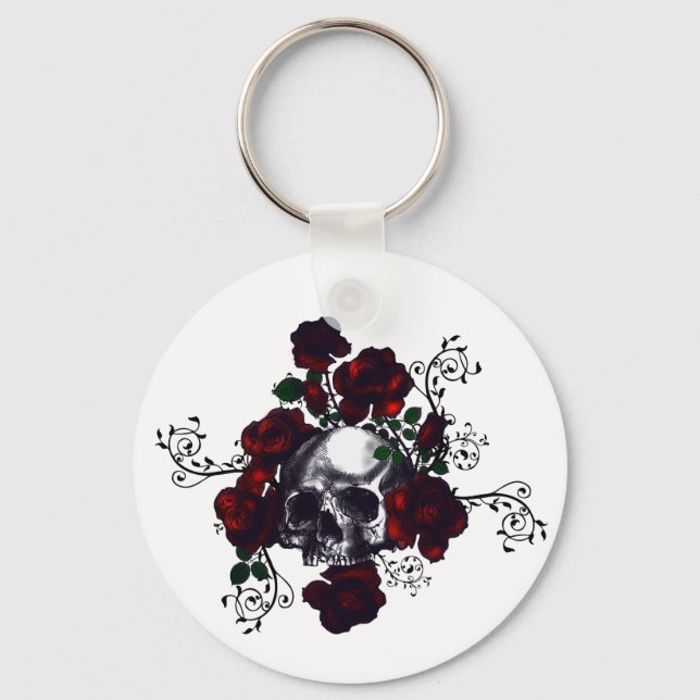 Skull and Roses Tattoo Style Goth Art Key Ring (Front)