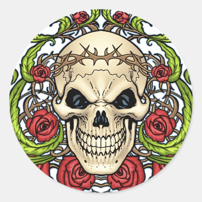 Skull and Roses with Crown Of Thorns by Al Rio Classic Round Sticker (Front)