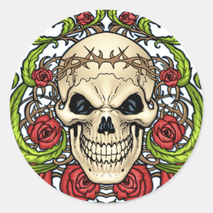 Skull and Roses with Crown Of Thorns by Al Rio Classic Round Sticker
