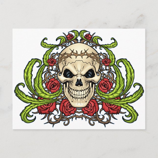Skull and Roses with Crown Of Thorns by Al Rio Postcard (Front)