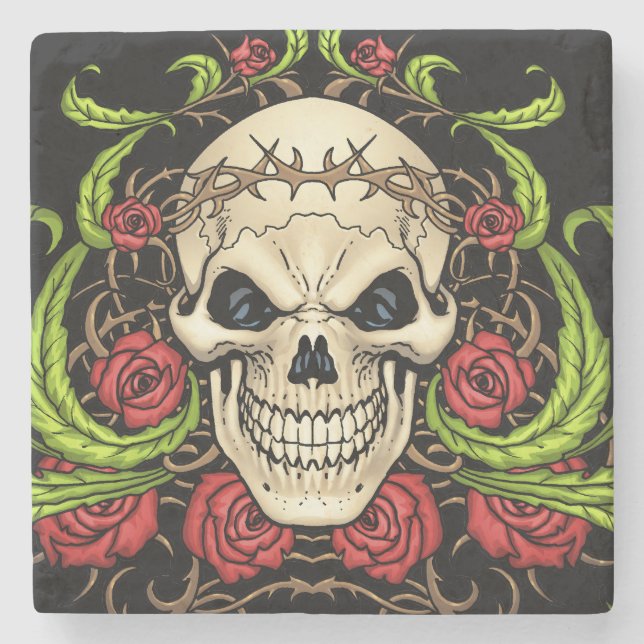 Skull and Roses with Crown Of Thorns by Al Rio Stone Coaster (Front)