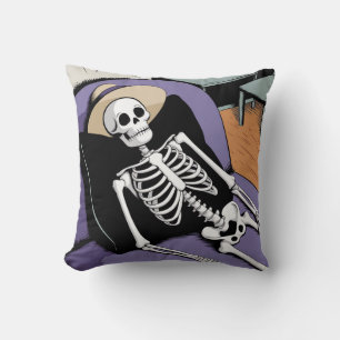 Skull and Skeleton Laying down Halloween Accent Cushion