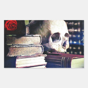 Skull and spell book on gifts, clothing, and cards rectangular sticker