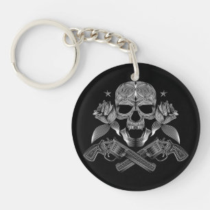 Skull and Stars with Roses and Crossed Guns Key Ring