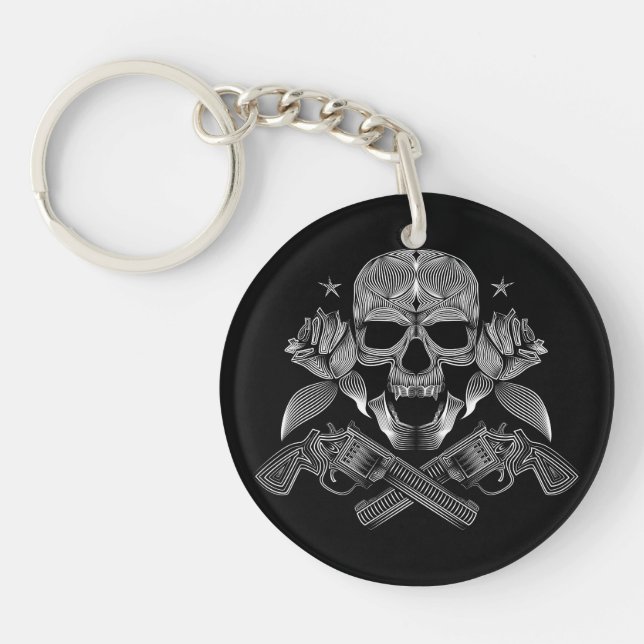 Skull and Stars with Roses and Crossed Guns Key Ring (Front)