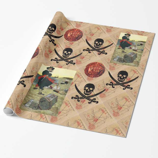 SKULL AND  SWORDS ,PIRATES TREASURE MAP PARCHMENT WRAPPING PAPER (Unrolled)