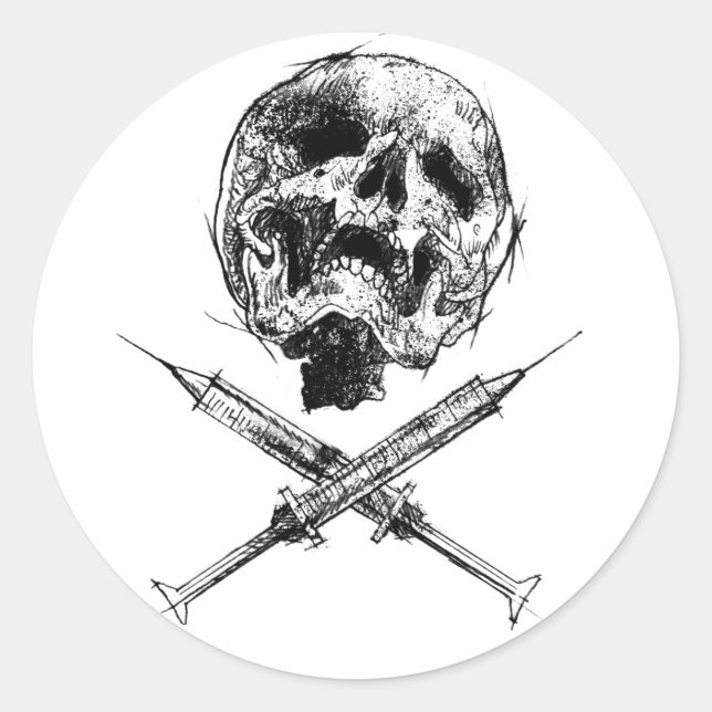 Skull and Syringes Classic Round Sticker (Front)