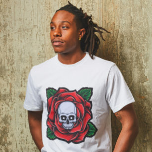Skull and Vibrant Red Rose T-Shirt