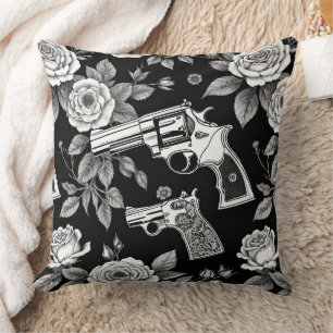 Skull and Vintage Revolvers in Black and White Cushion