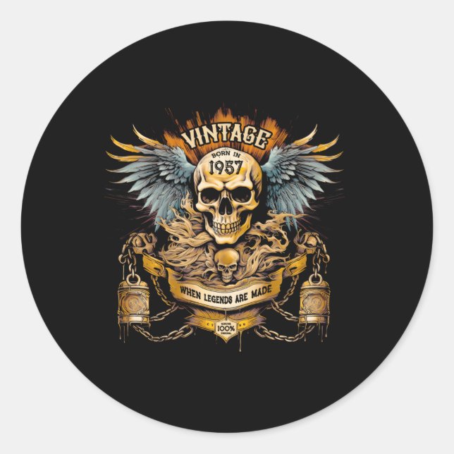 Skull And Wings Born In 1957 All Original Classic Round Sticker (Front)