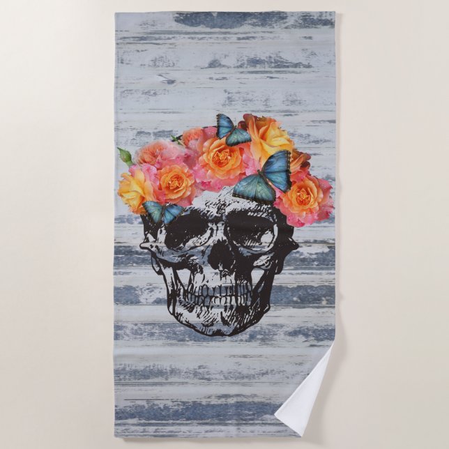 Skull Art Roses Adult Beach Towel (Front)