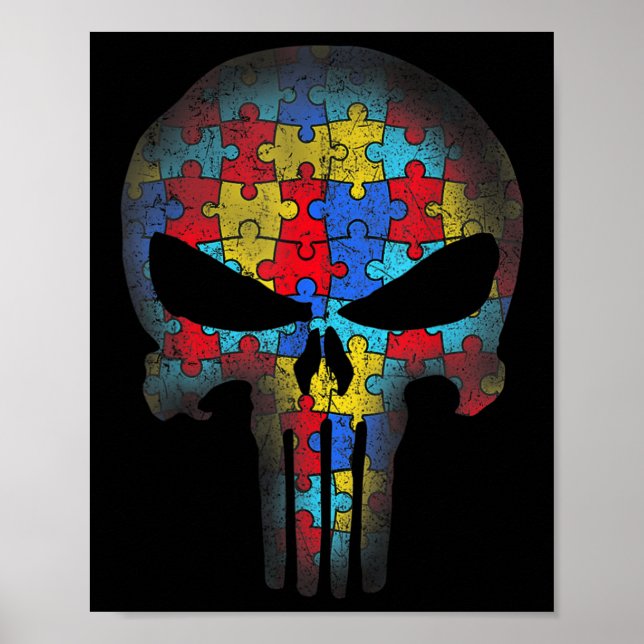 Skull Autism Awareness Puzzle Piece Mens Womens Ki Poster (Front)