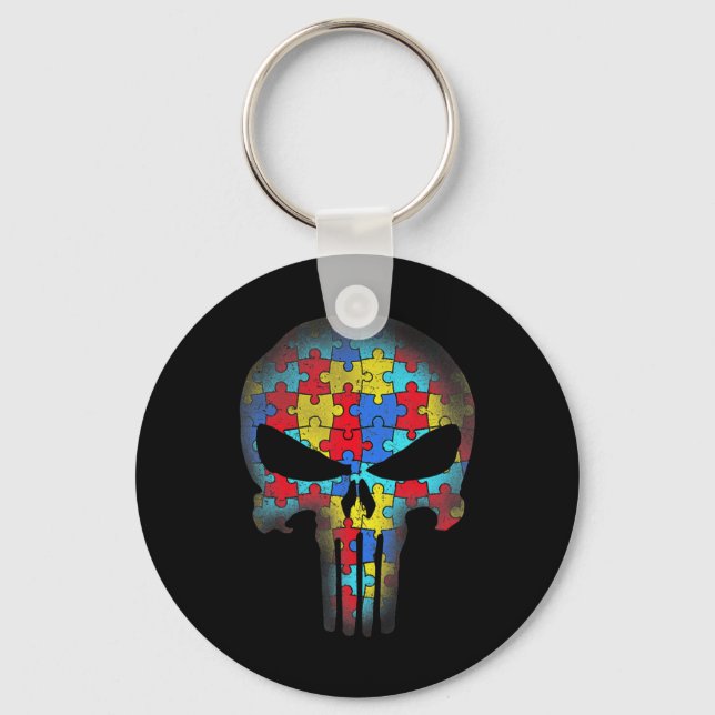 Skull Autism Awareness Tee Mum Dad Kids Autism T-S Key Ring (Front)