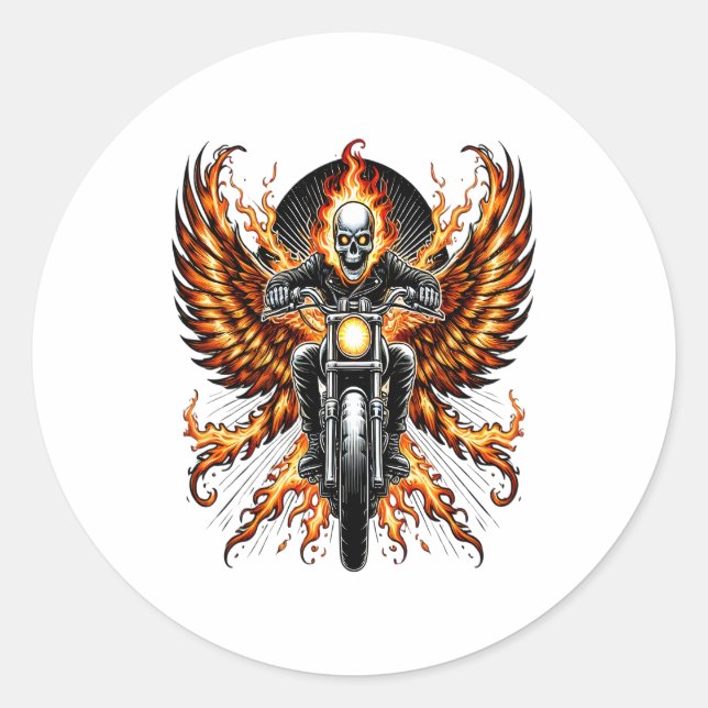 Skull Biker Flame Winged Motorcycle Classic Round Sticker (Front)