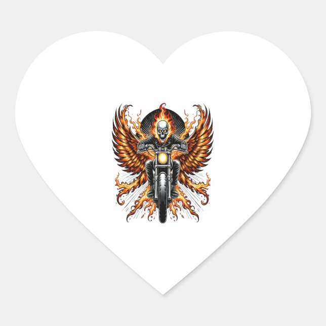 Skull Biker Flame Winged Motorcycle Heart Sticker (Front)