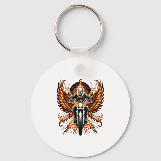 Skull Biker Flame Winged Motorcycle Key Ring (Front)
