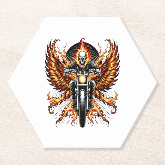 Skull Biker Flame Winged Motorcycle Paper Coaster (Front)